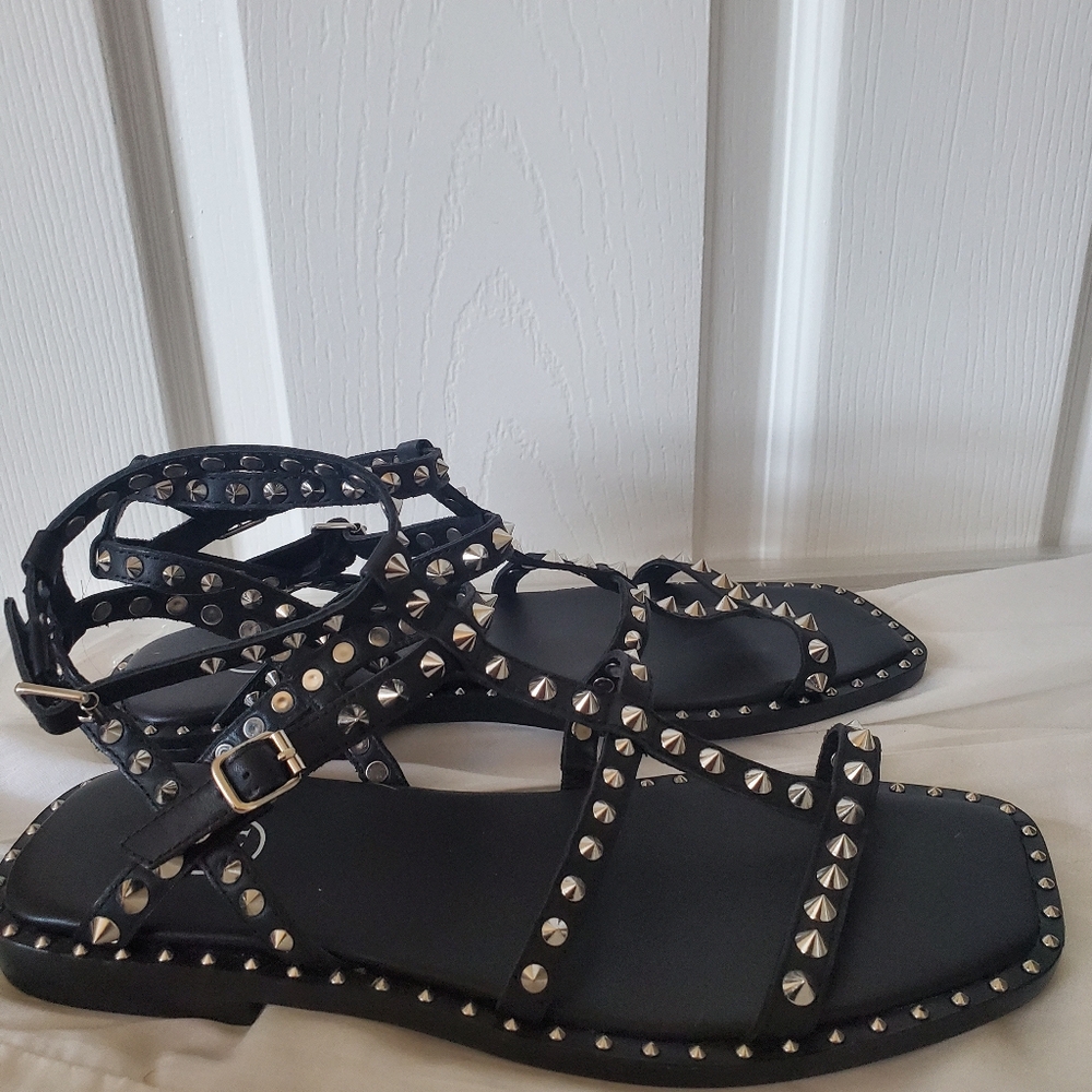 ASH Silver Stud Black Leather Sandals - Picture 13 of 16